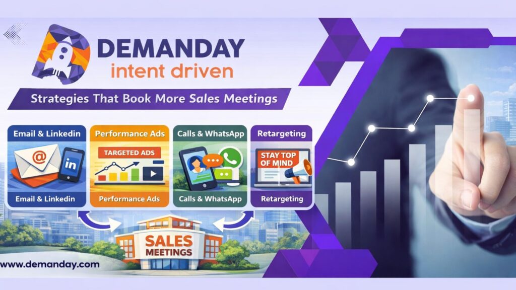 Infographic showing multi-channel appointment generation with Email, LinkedIn, Performance Ads, Calls, WhatsApp, and Retargeting leading to booked sales meetings.